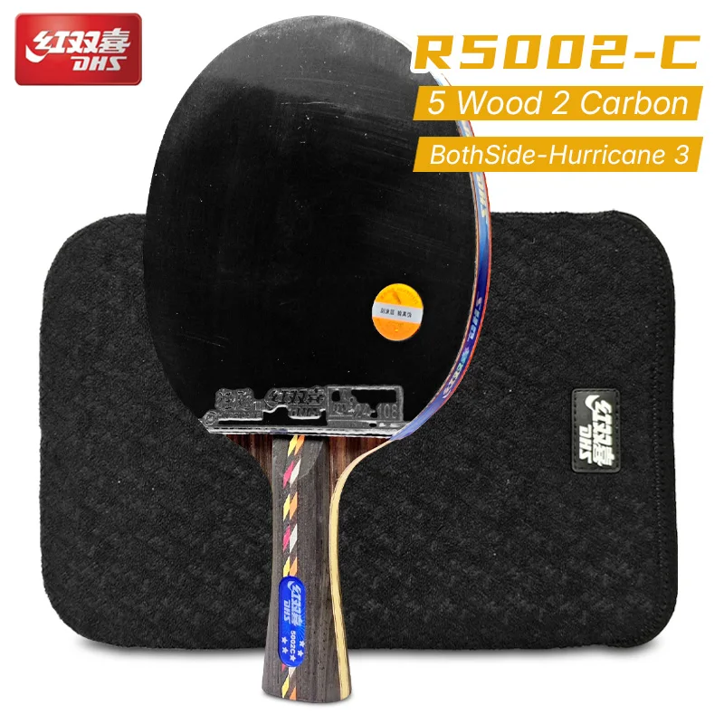 dhs-r5002c-table-tennis-racket-professional-5-wood-2-carbon-ping-pong-racket-paddle-sticky-hurricane-3-rubber-with-original-case