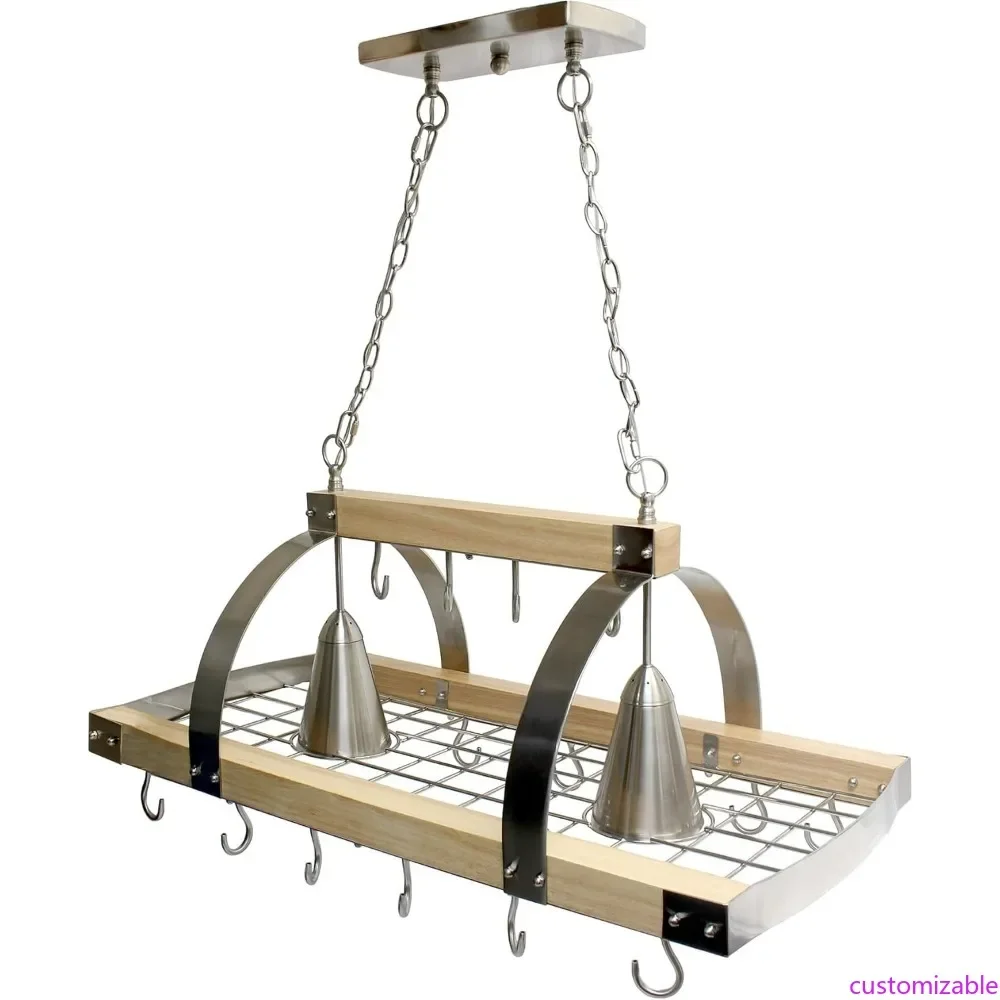 

Деревянная подставка для горшков с 2 светильниками и встраиваемыми светильниками, с акцентами из матового никеля, для кухни