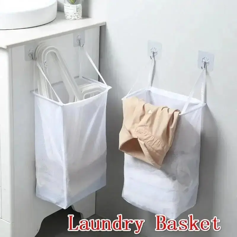 New Home Foldable Multifunctional Wall Hanging Laundry Basket Washing Clothes Organizer Mesh Storage Punch Free Adhesive Hook - view 3