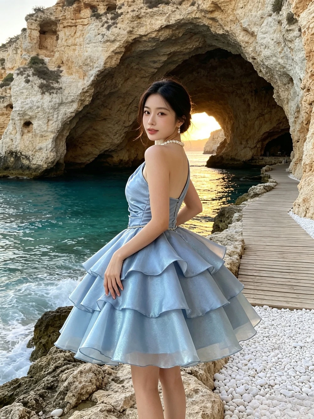 Customized Blue Satin Single Shoulder Layered Ruffle Short Wedding Dress 2026 Beaded Waist Mini Dress Suitable for Reception