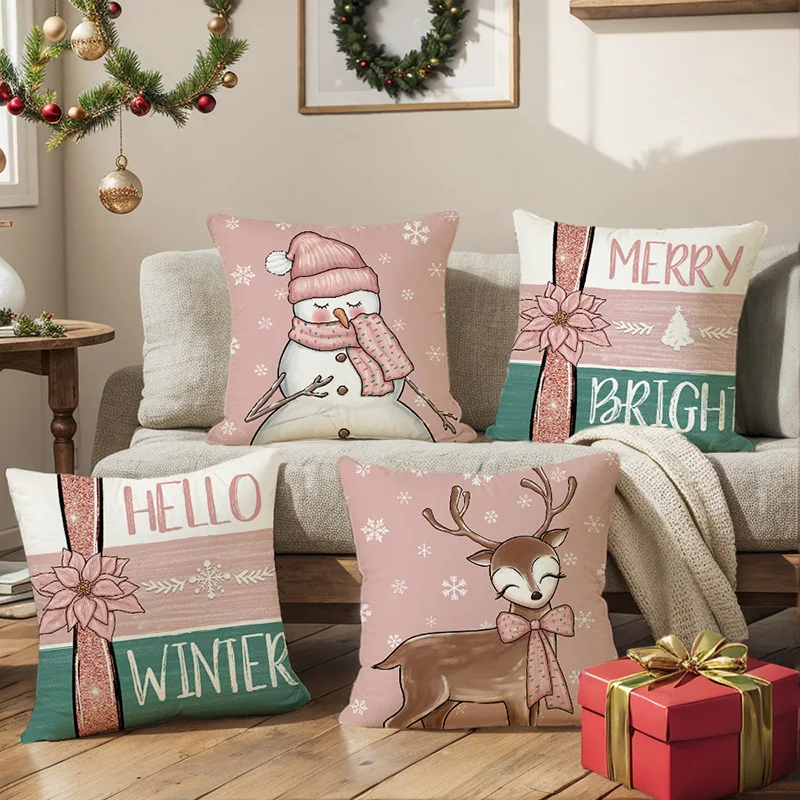 

45x45cm Set of 4,Christmas Pillow Cover, Santa Claus Reindeer Snowman Cute Pillowcase,Sofa Living Room Cushion Cover, Home Decor