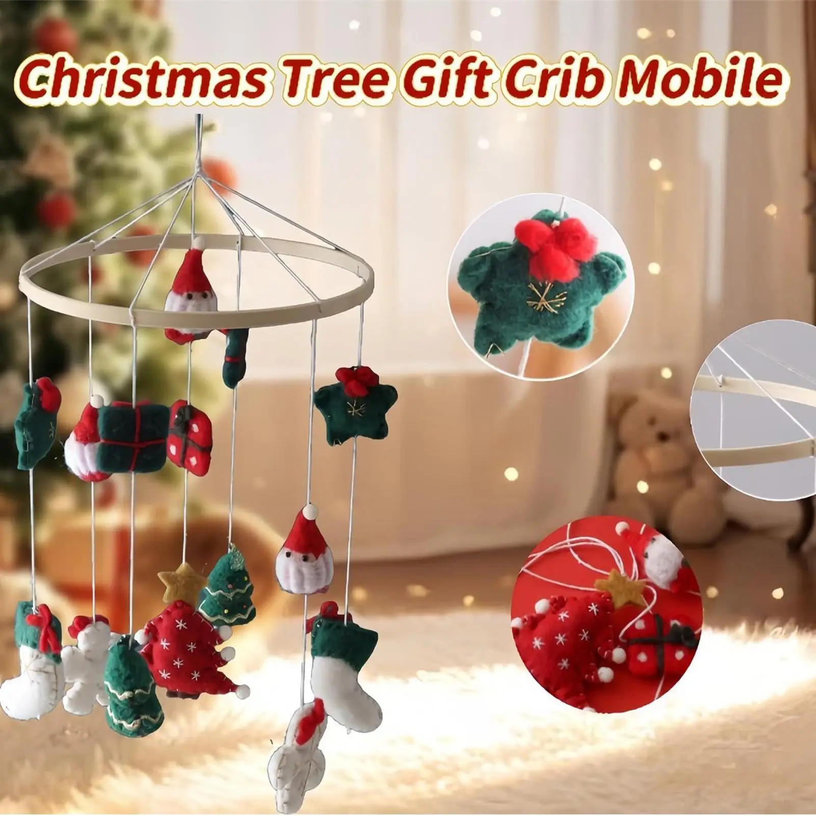 Christmas Crib Mobile Christmas Tree Santa Stocking Toy Handmade Nursery Mobile for Boys Girls Children's Room Home Bedroom