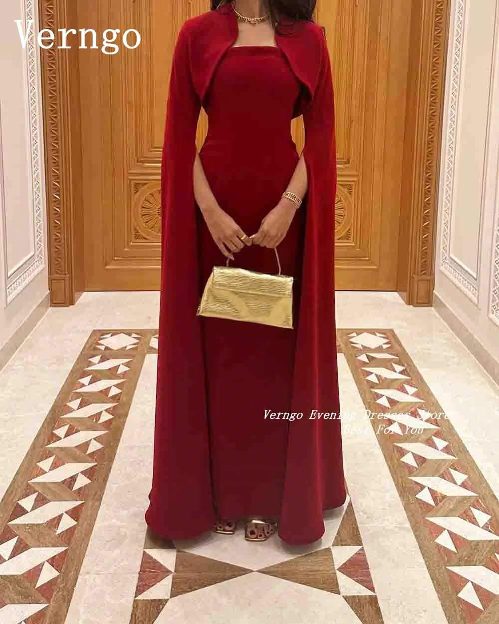 Verngo Burdungy Crepe Prom Gowns Dubai Long Sleeves A Line Party Dress For Women Simple Dress For Formal Occasion