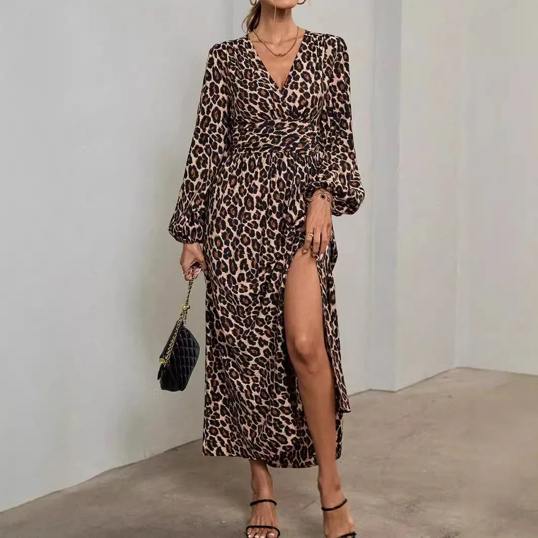 

Autumn Winter Lantern Sleeve High Waist Split Dress Women's Fashion Elegant V-neck Long-sleeved Comfortable Casual Dresses