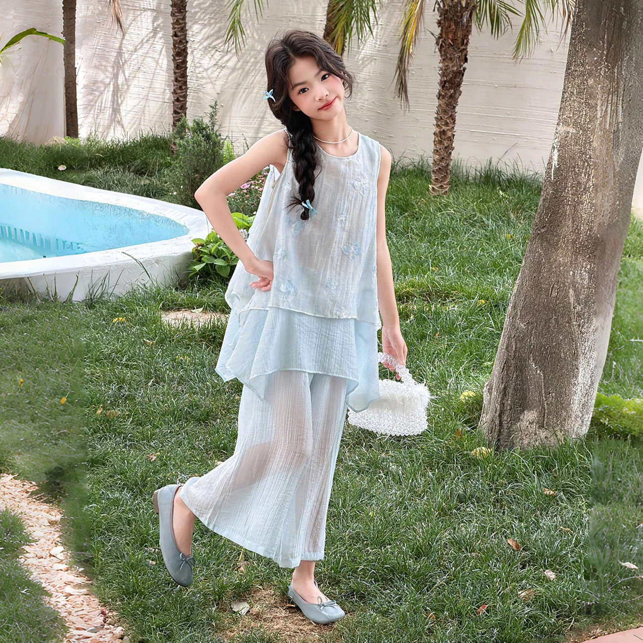 Teen Girl Clothes Summer Three Dimensional Flowers Tops & Loose Pants Sets for Girls Kids Clothing Children Sleeveless Outfits