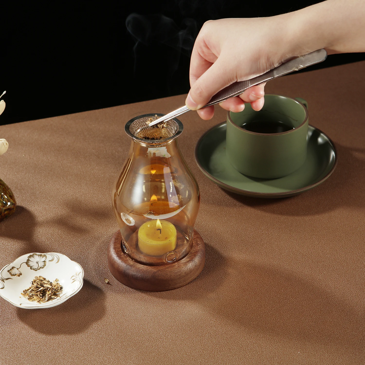 Kerzenhalter aus Glas, Aromatherapie-Heizhalter mit Holzsockel, Aromatherapie-Räuchergefäß für Yoga, SPA, Aromatherapie – Detail 5