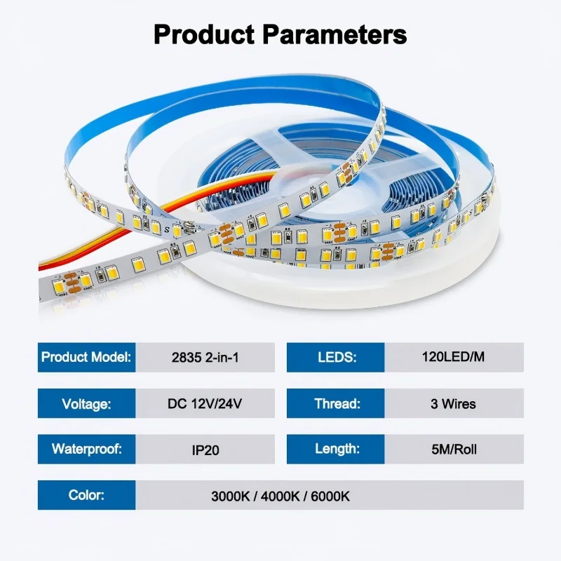 2in1 سطوع عالية 5 متر/لفة CCT 3000K-6000K عكس الضوء 12 فولت 24 فولت 5 مللي متر 8 مللي متر SMD2835 SMD 2835 CCT Led قطاع ضوء