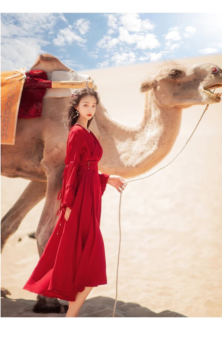 Khalee Yose – robe Maxi rouge Vintage Chic, col en v, manches longues, Style chinois Boho, à volants, pour les vacances, automne