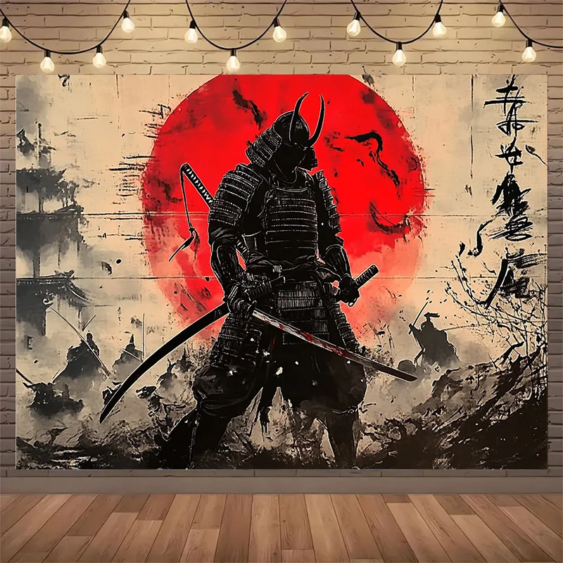 Japanese Samurai and Armor Polyester Background Tapestry-Epic Monochrome Battle Scene Home Decor Tapestry
