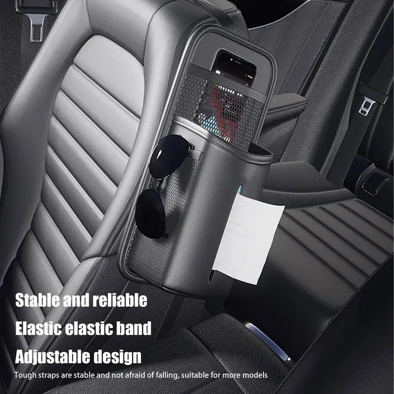Car Tissue Holder Adjustable Leather Tissue Box Front Seat Bags Interior Accessories Storage Bag With Mesh Net Pockets For Drink