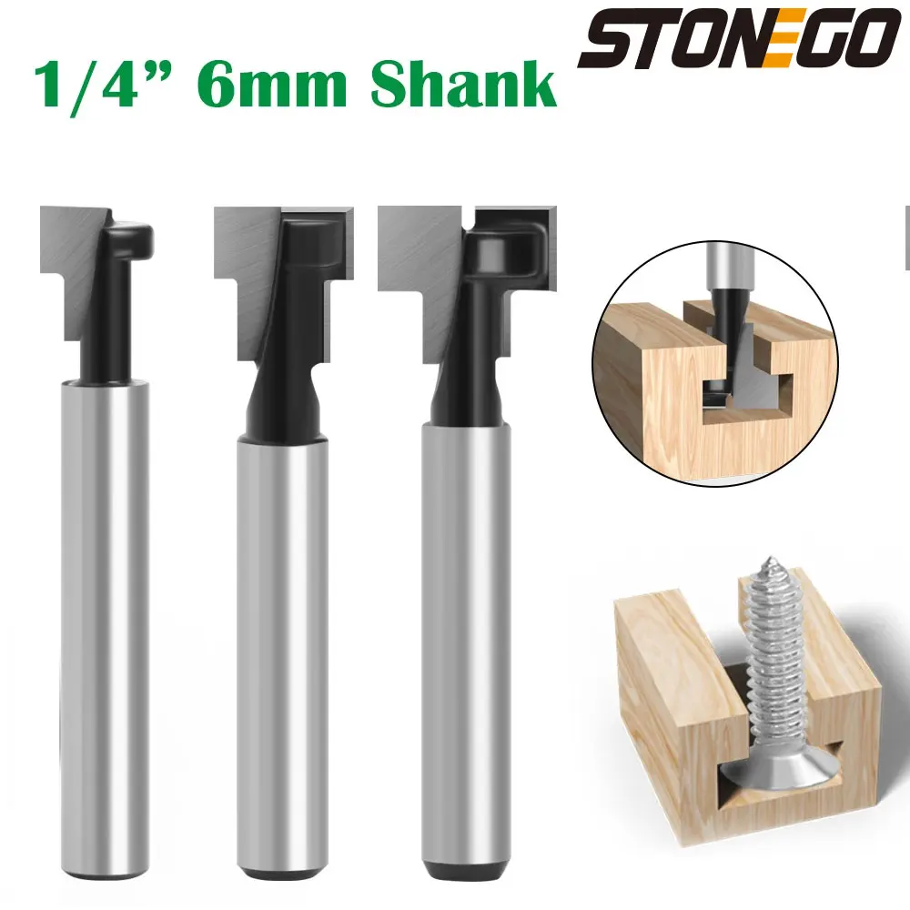 STONEGO 6mm 1/4 Shank Black Keyhole Bit T-Slot Cutter Router Bit Woodworking Milling Cutter For Wood Tools Face Mill End Mill