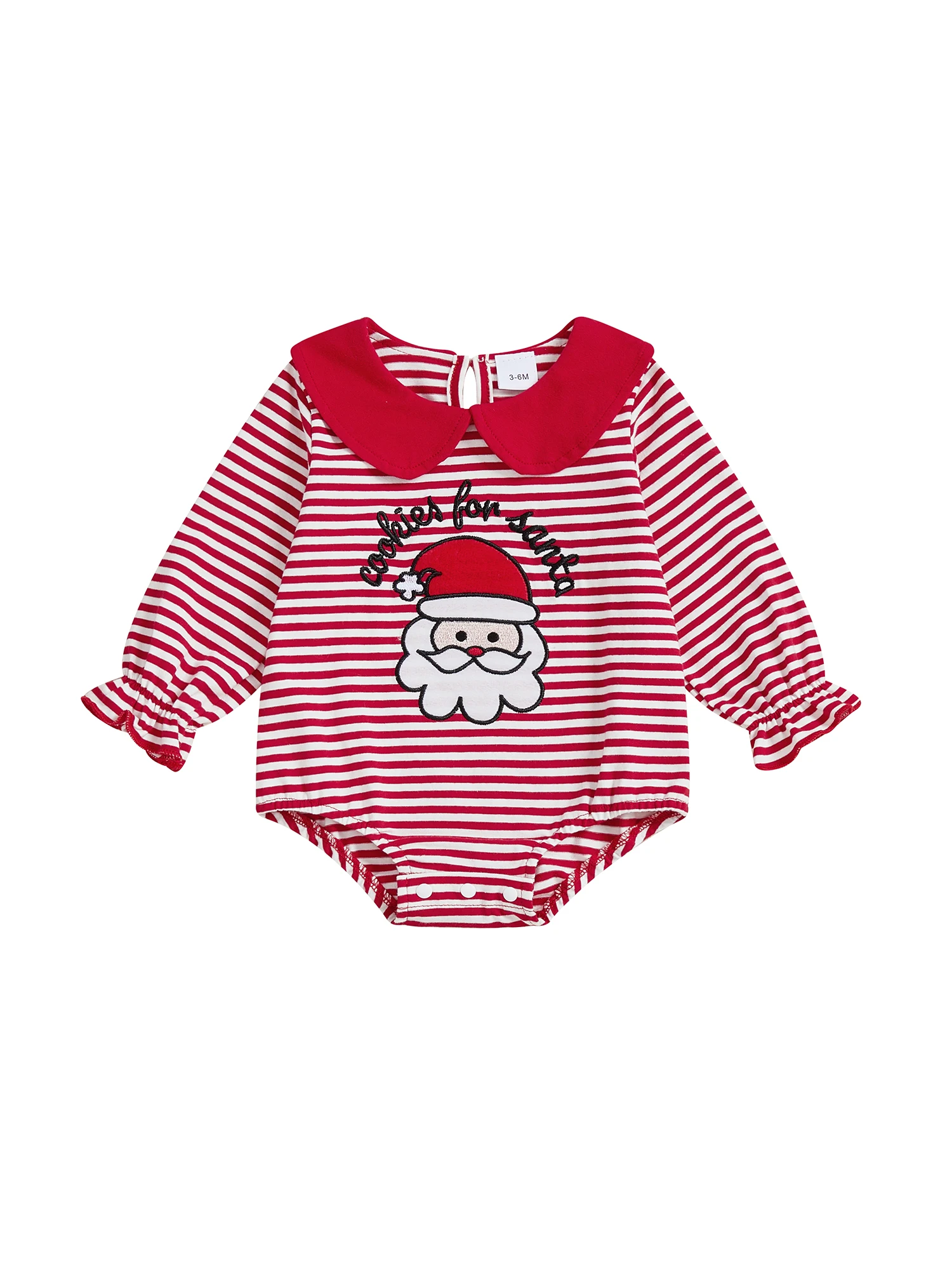 

Праздничный комбинезон для маленьких девочек с праздничным полосатым принтом и вышивкой Санта-Клауса, комбинезон с кукольным воротником и длинными рукавами для рождественского размера