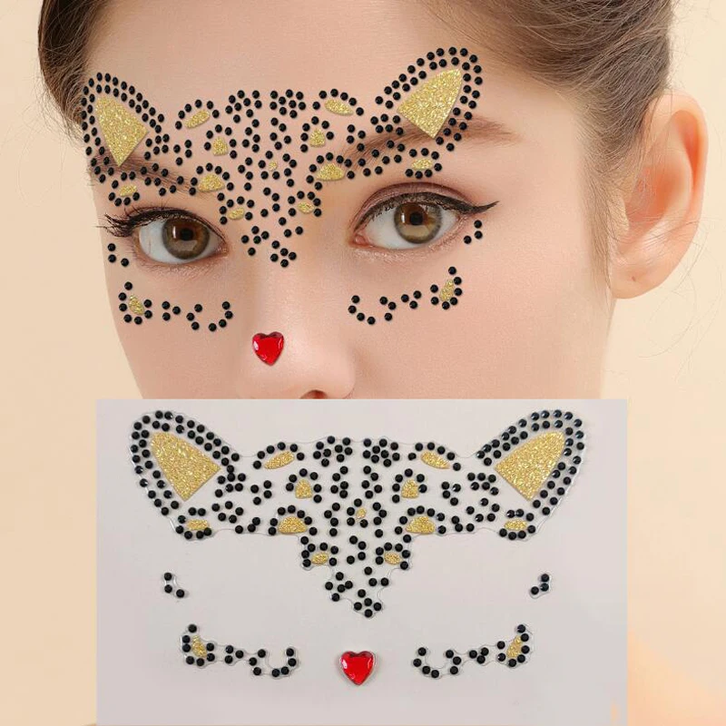 Face Cartoon Animal Diamond Stickers Female Male Makeup Ball Color Painting Cosmetics Tattoo Decals Masquerade Face Decoration