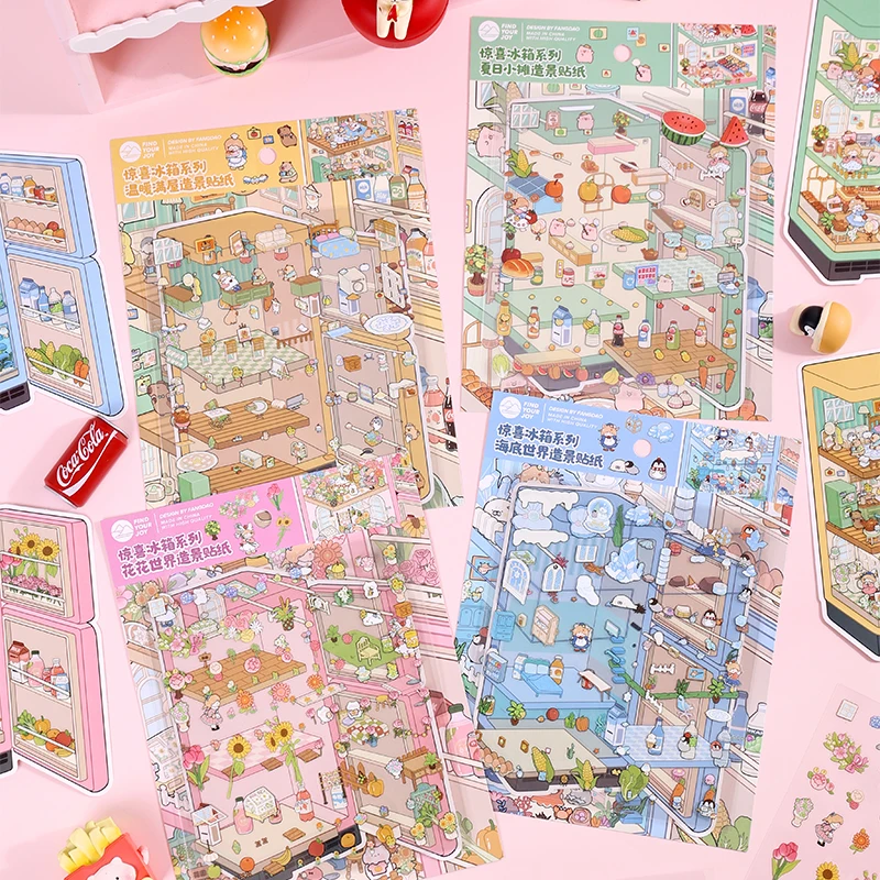 Kawaii Surprise refrigerator 3D Cool in summer Landscape Sticker  DIY Pocket Cabin Scene Christmas gifts