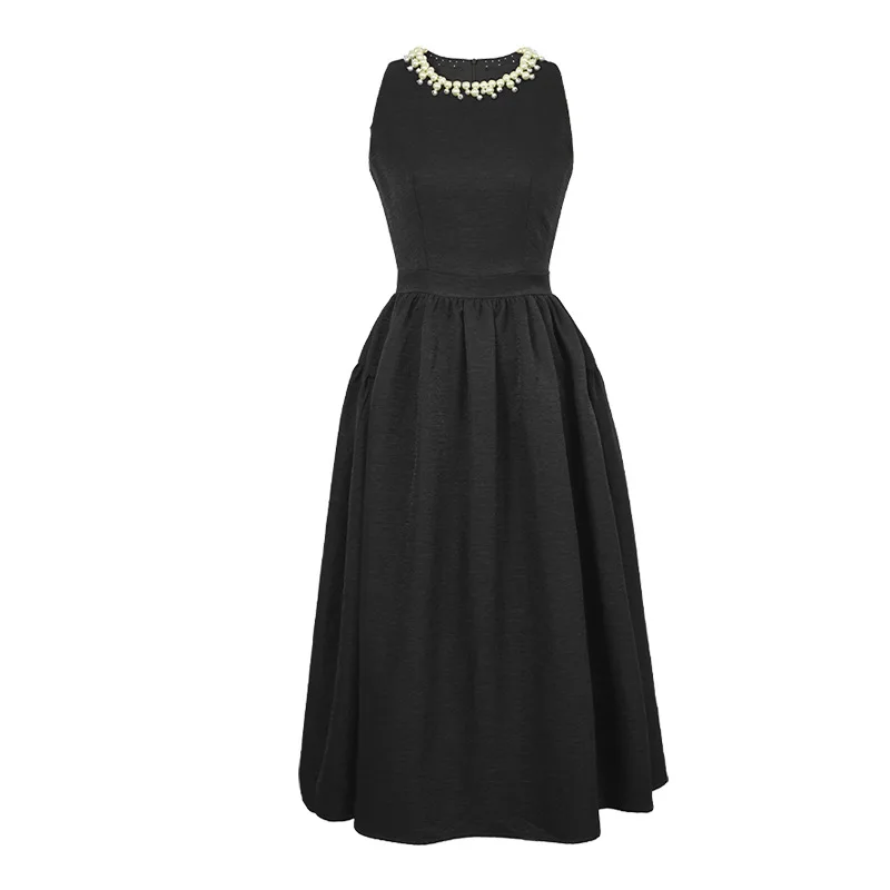 Sweet Elegant Black Dress for Women Beaded Pearl High Waist A-line Swing Long  Dress Fashion Show Banquet Robe Party Vestido
