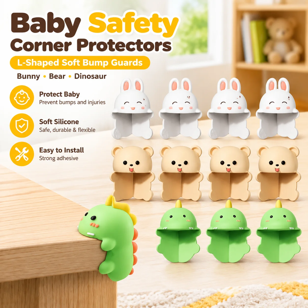 Baby Safety Silicone Corner Protectors L-Shaped Soft Bump Guards Bunny Bear Dinosaur Cute Table Edge Covers Strong Adhesive