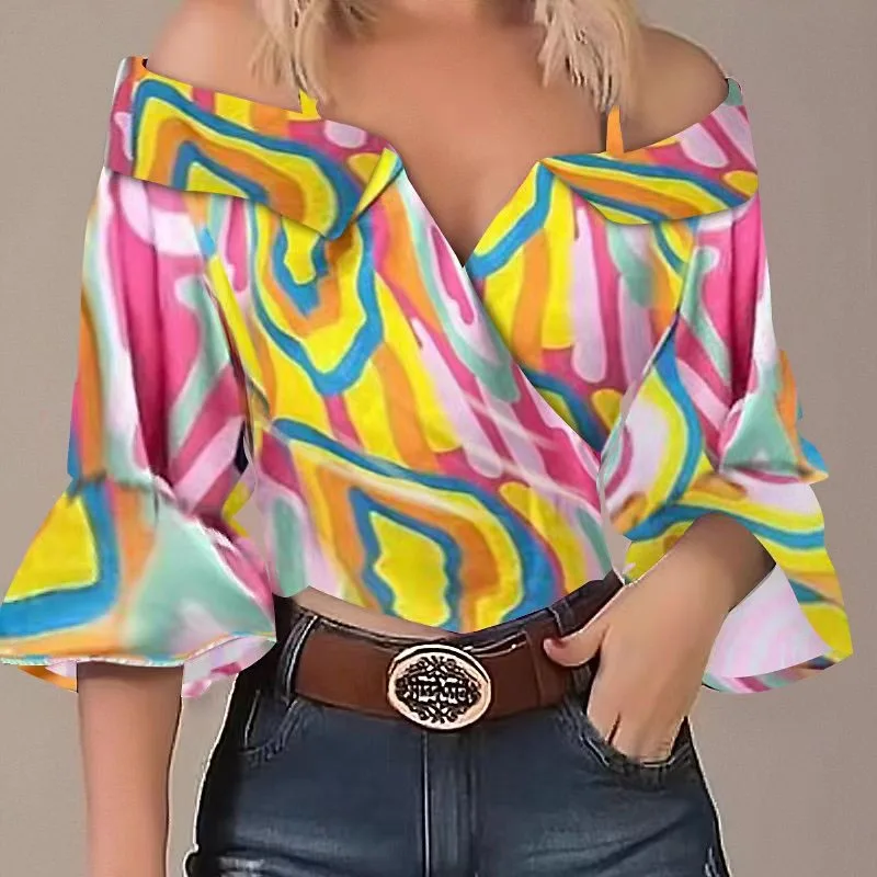 

Women Blouse Shirt New Summer Spaghetti Strap Print Slash Neck Blouse Shirt Women Tops Blusas Para Mujer Camisas De Mujer Q302