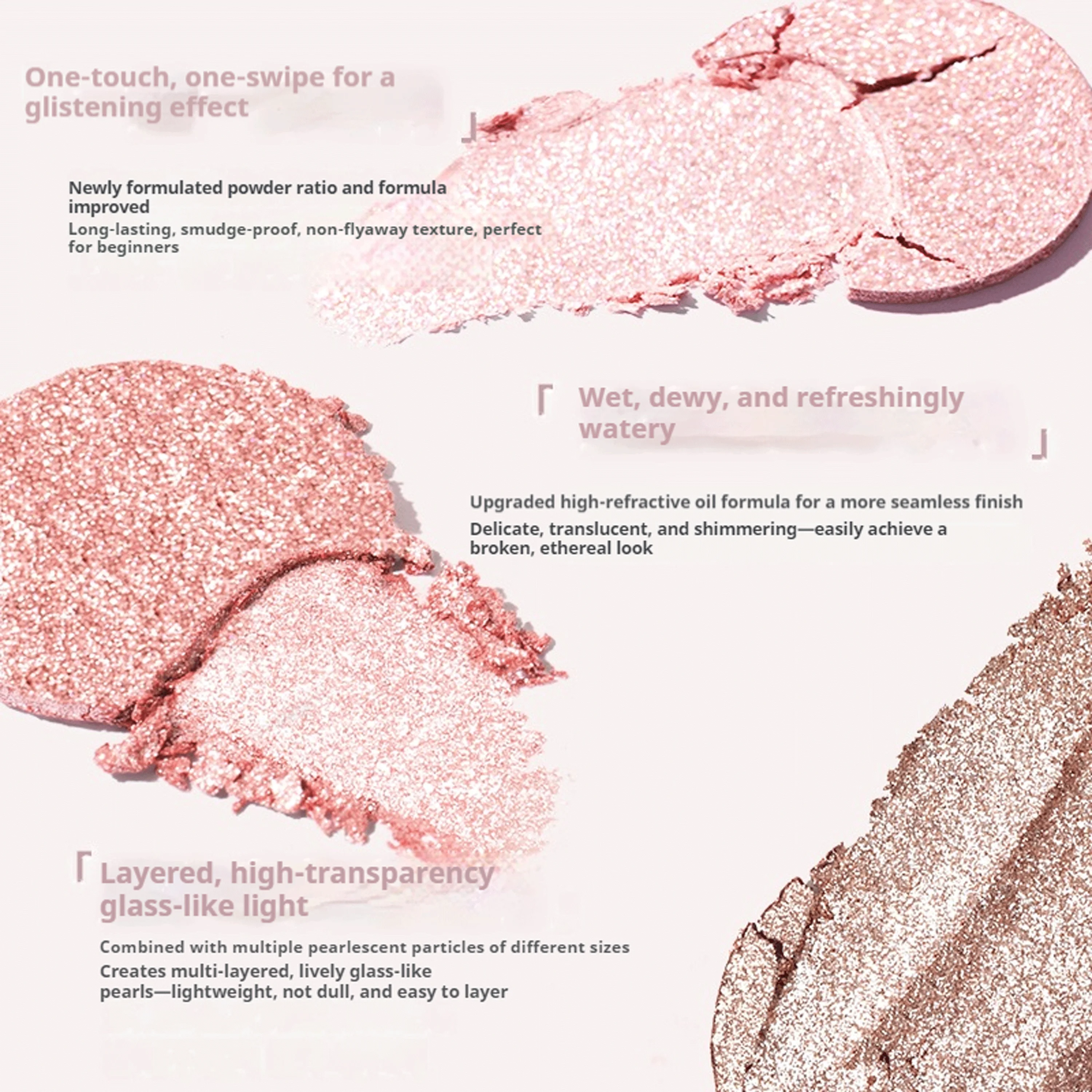 NOVO Ombretto monocromatico con finitura flash glitterata, base opaca morbida e setosa in polvere con finitura perlata