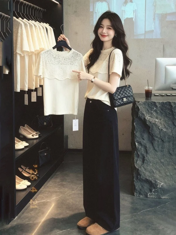 Lace Hollow out Shoulder Cape Short Sleeve Women's T-shirt Summer Fake Two-Piece Design High-End Small Capitalization Top