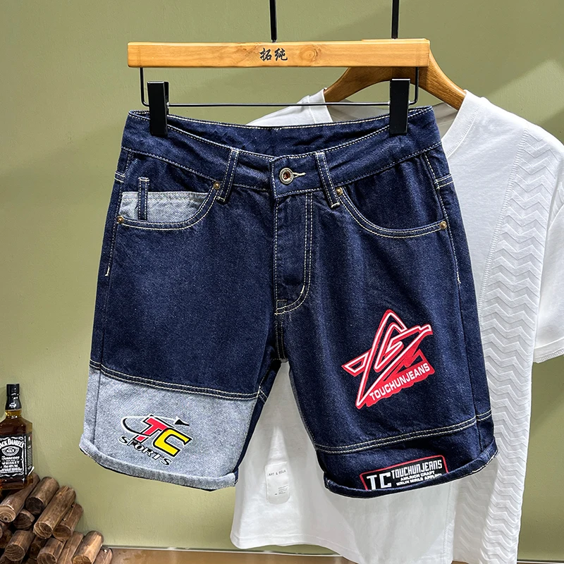 New trendy denim shorts men patchwork slim fitting straight leg pants fashionable embroidery printed casual blue washing jeans