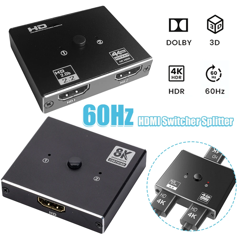 

4K/8K 60 Гц HDMI-совместимый переключатель-сплиттер двунаправленный 1x2/2x1 HDMI-совместимый концентратор-переходник HDMI-совместимый переключатель