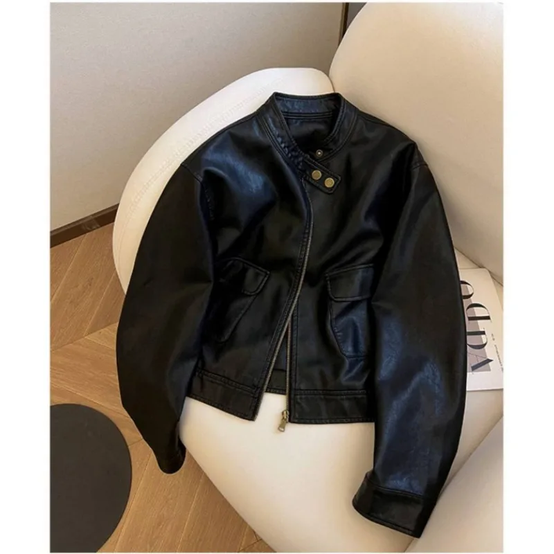 Black Pu Leather Jacket Casual Coat for Women 2026 New Spring Cool and Stylish Motorcycle Jacket Design Sense Short Jacket Trend