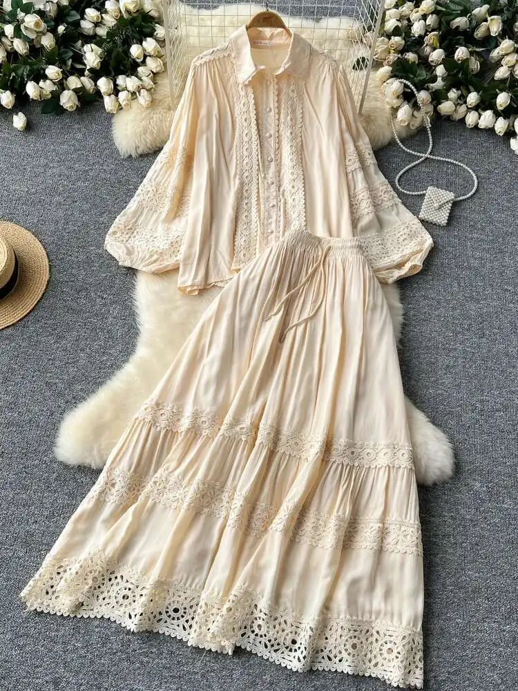 

Women Vintage Two Piece Set Spring Auutmn Hollowed Out Lace Patchwork Lantern Long Sleeved Shirt+high Waisted Skirt Outfits