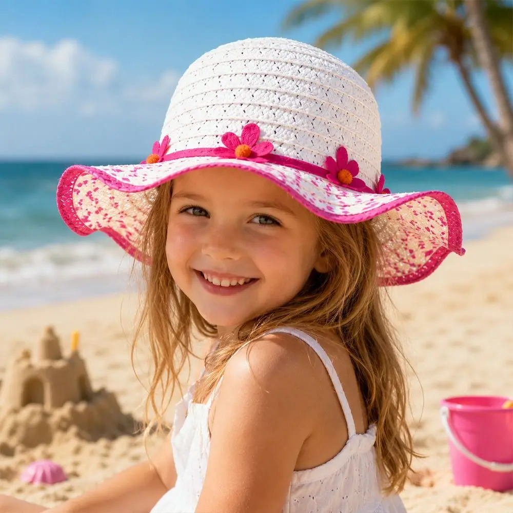 Sweet Handmade Straw Hat Flower Decoration Wide Brim Sun Hat 3-7Year Beach Hat Summer