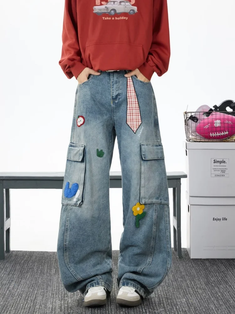 

2025 American Retro Y2K Style Washed Blue Baggy Cargo Jeans Pants For Men Clothes Straight Cotton Denim Trousers Pantalon Hombre