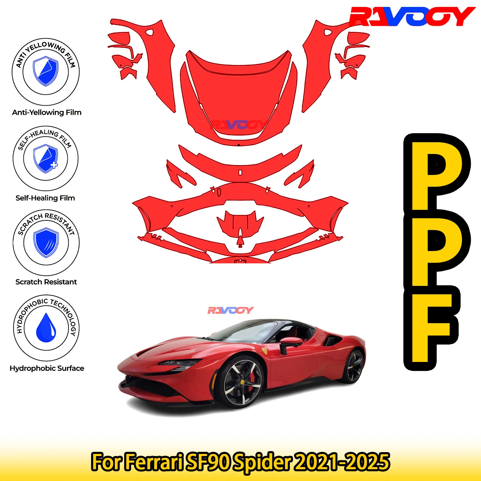 

Для Ferrari SF90 Spider 2021-2025 глянцевая матовая черная предварительно вырезанная передняя защитная пленка PPF для защиты от краски