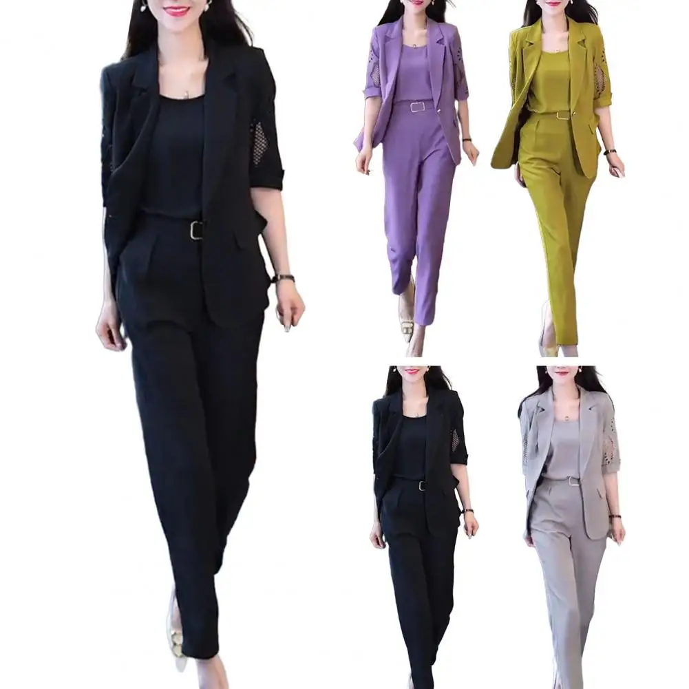 

Hollow Out Jacket Set Chic Women's Business Suit Set V Neck Vest Lapel Hollow Out Coat High Waist Harem Pants Formal Commute