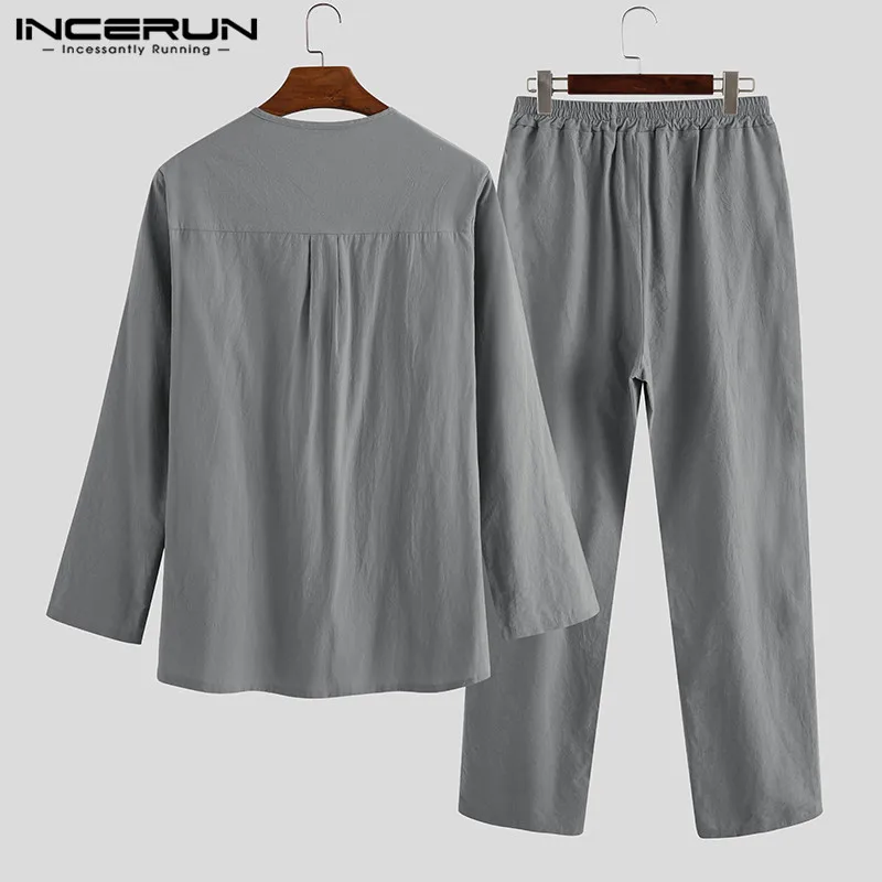 2025 Мужские комплекты Винтажные топы и брюки с v-образным вырезом и длинными рукавами из 2 предметов Хлопковая уличная одежда Свободные повседневные мужские костюмы Домашняя одежда S-5XL INCERUN