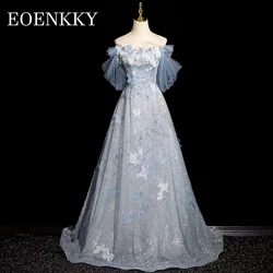 Błyszcząca sukienka na studniówkę z niebieskimi aplikacjami 3D Butterfly Special Occasion Dresses A Line Glitter Women Błyszczące sukienki na studniówkę bez ramiączek  Niebieskie sukienki okolicznościowe z aplikacją mo