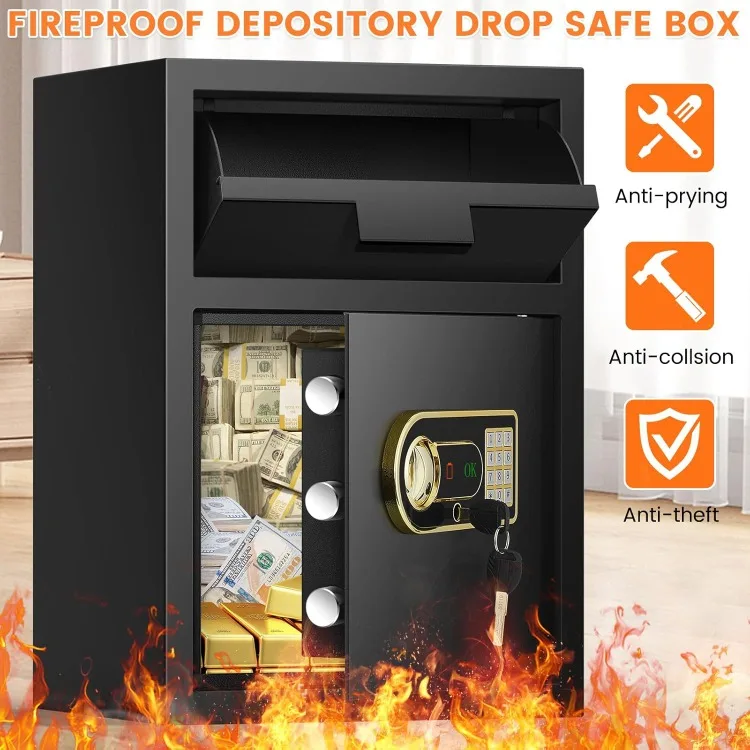 2.6 Cubic Fireproof Drop Safe for Business, Anti-Theft Drop Slot Safes for Money with Digital Combination Lock & Spare Keys,