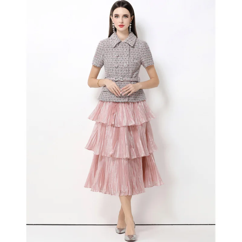 

Шерстяное твидовое платье в клетку с высокой талией и воротником-стойкой с поясом Юбка-трапеция Long Sve Street Sle Повседневная одежда Китайский бренд