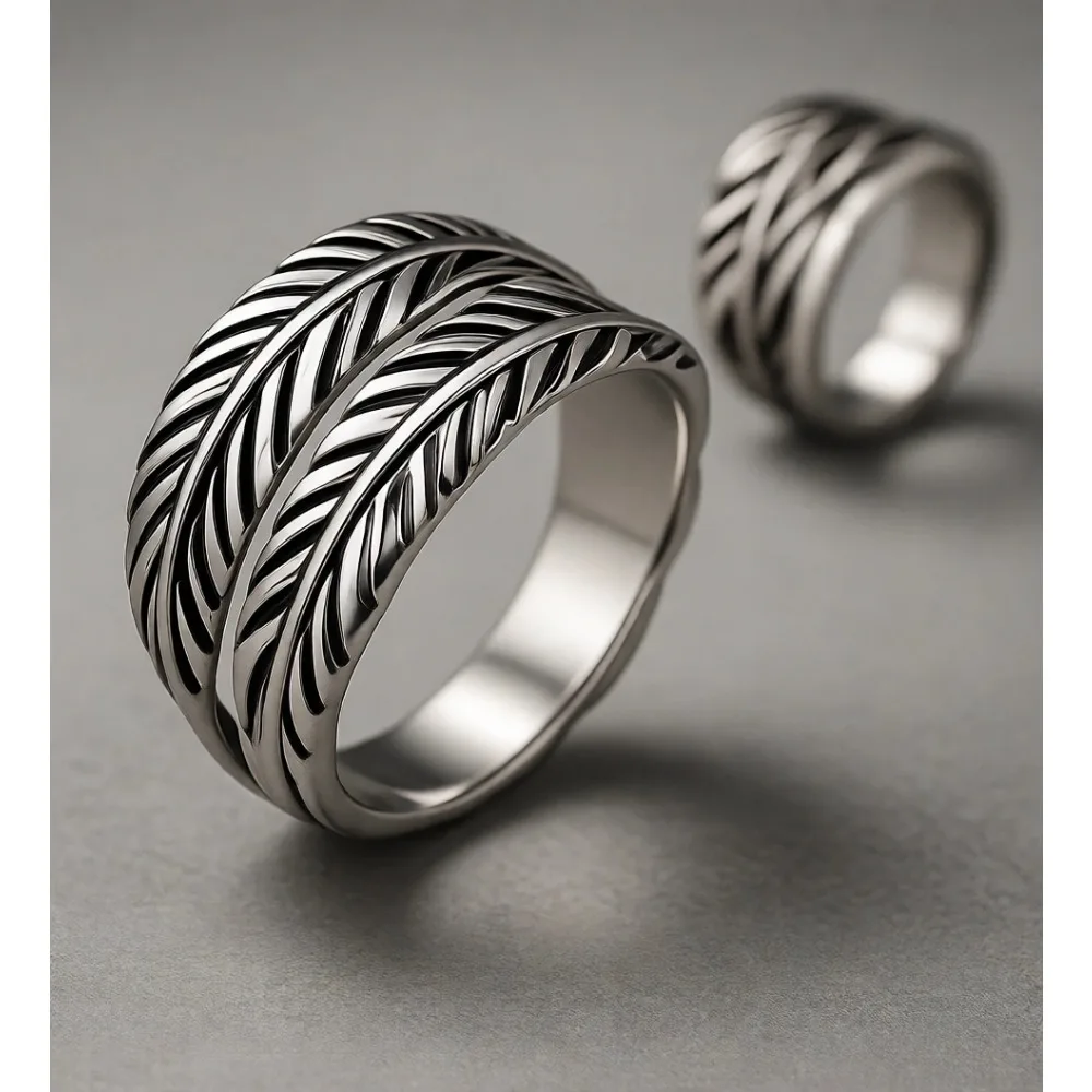 

Регулируемое винтажное кольцо с перьями, черным ониксом и бирюзой для мужчин и женщин