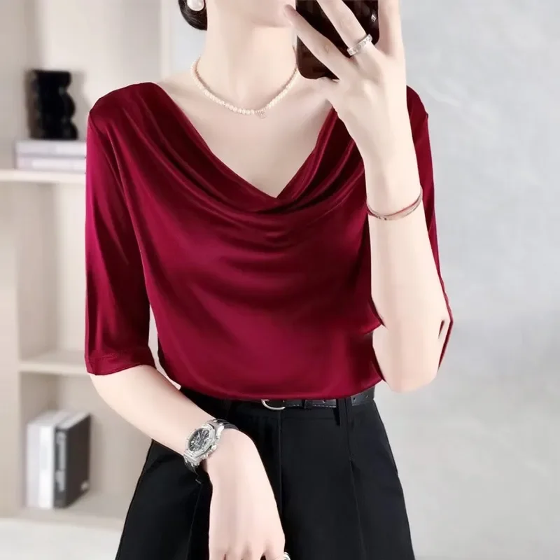 Women's Elegant Draped Neck Satin Blouse Half Sleeve Solid Color Slim Fit Office Top