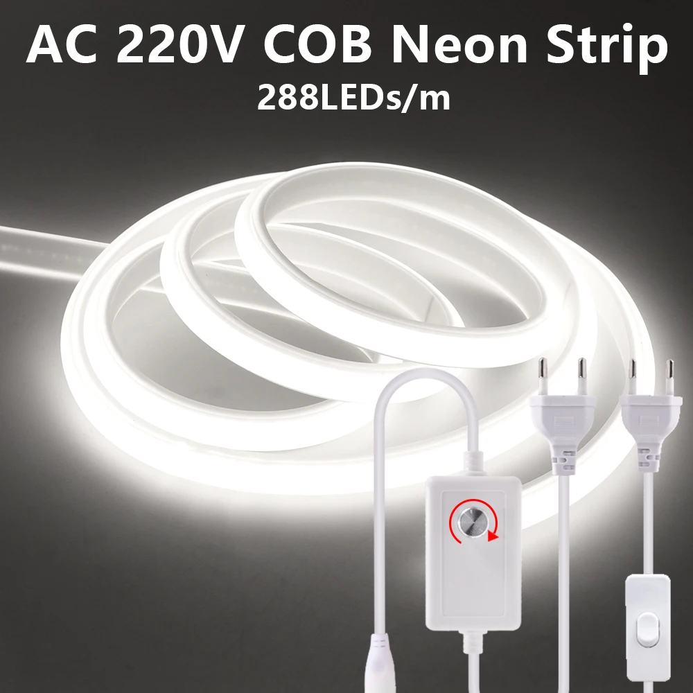 

COB LED Strip 220V 288LEDs/m Neon Light Strip With EU Dimmer Switch Plug Waterproof Flexible Silicone Tube COB LED Tape Dimmable