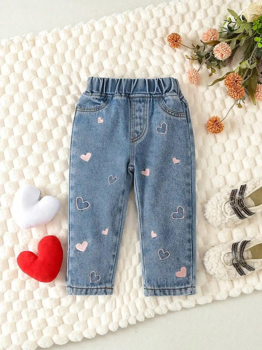 

Kids' Heart-Embroidered Denim Tapered Pants with Elastic Waist