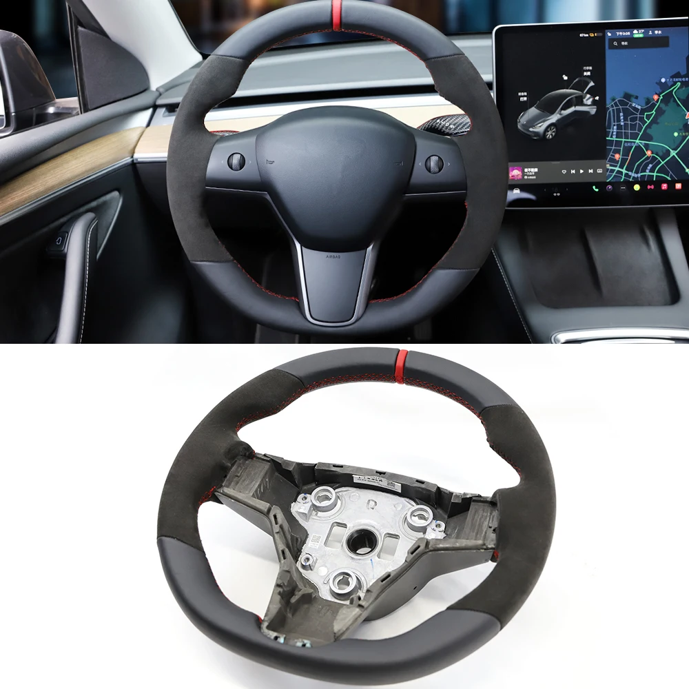 

Car Customized Steering Wheel For Tesla Model Y 2020-2023 Genuine Leather Steering Wheel Without Heating Modification