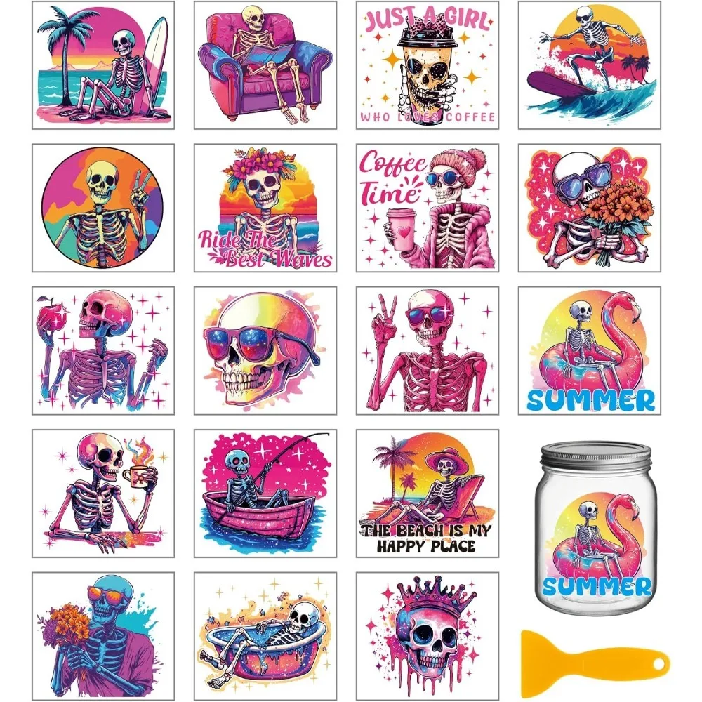 

18 Sheets 3.9x3.6inch Summer Skeleton Rub on Transfer Colorful Gothic Skull Vase Home Decals Summer Beach Cup Transfer Stickers