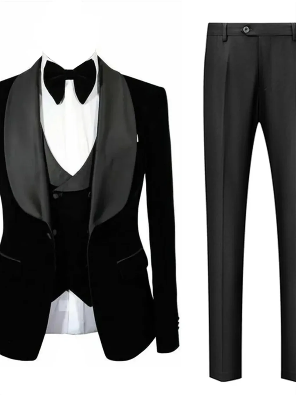 3 Pieces Men\'s Suit Black Velvet Jacket Vest & Black Pants Shawl Lapel Wedding Prom Dinner Banquet Groom Tuxedos