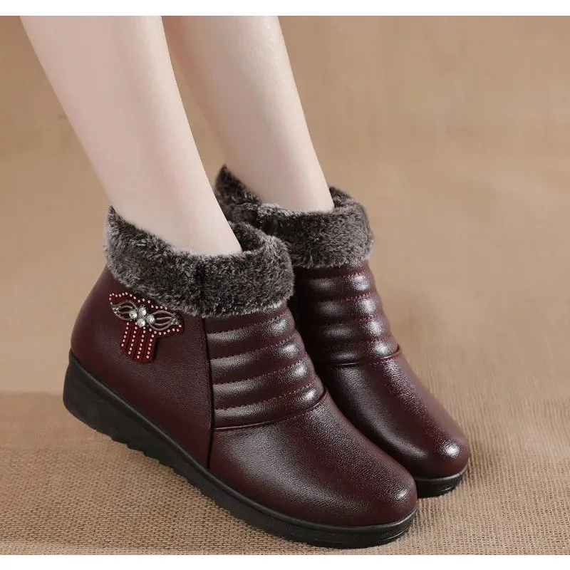 2023 Winter Women Shoes Woman Leather Waterproof Flat Ankle Boots Elderly Plus Size Plush Warm Snow Boots Mother Cotton Shoes