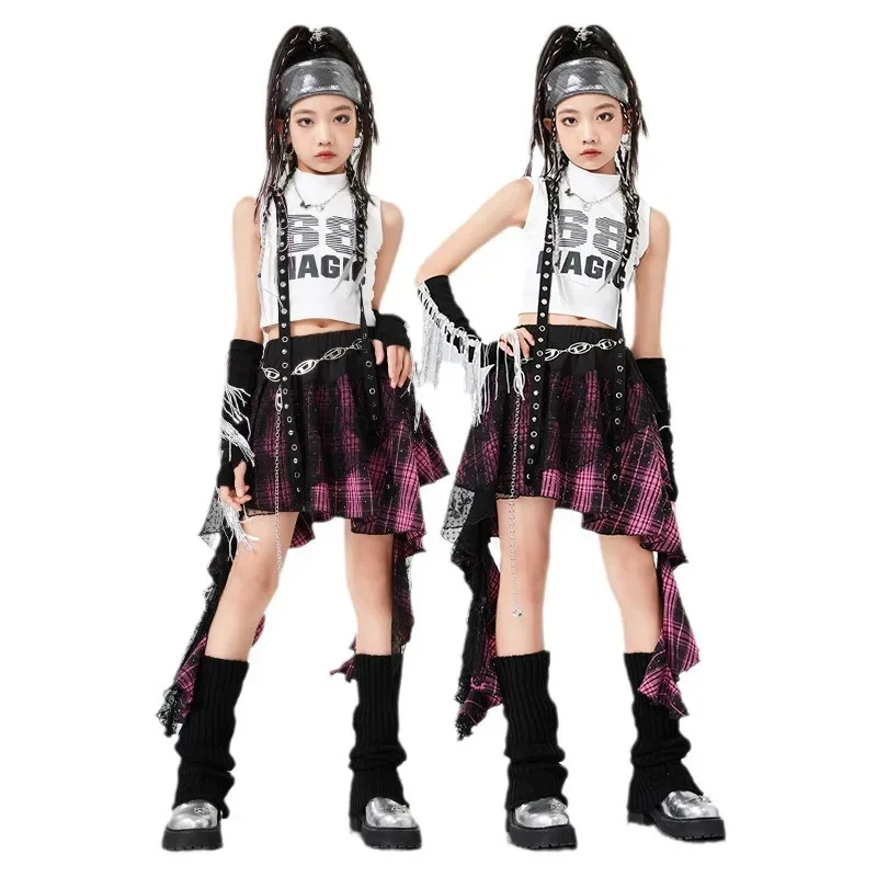 

Hip Hop Dance Costumes For Girls White Vest Plaid Skirt Outfits Children Clothing Modern Jazz Dance Stage Wear