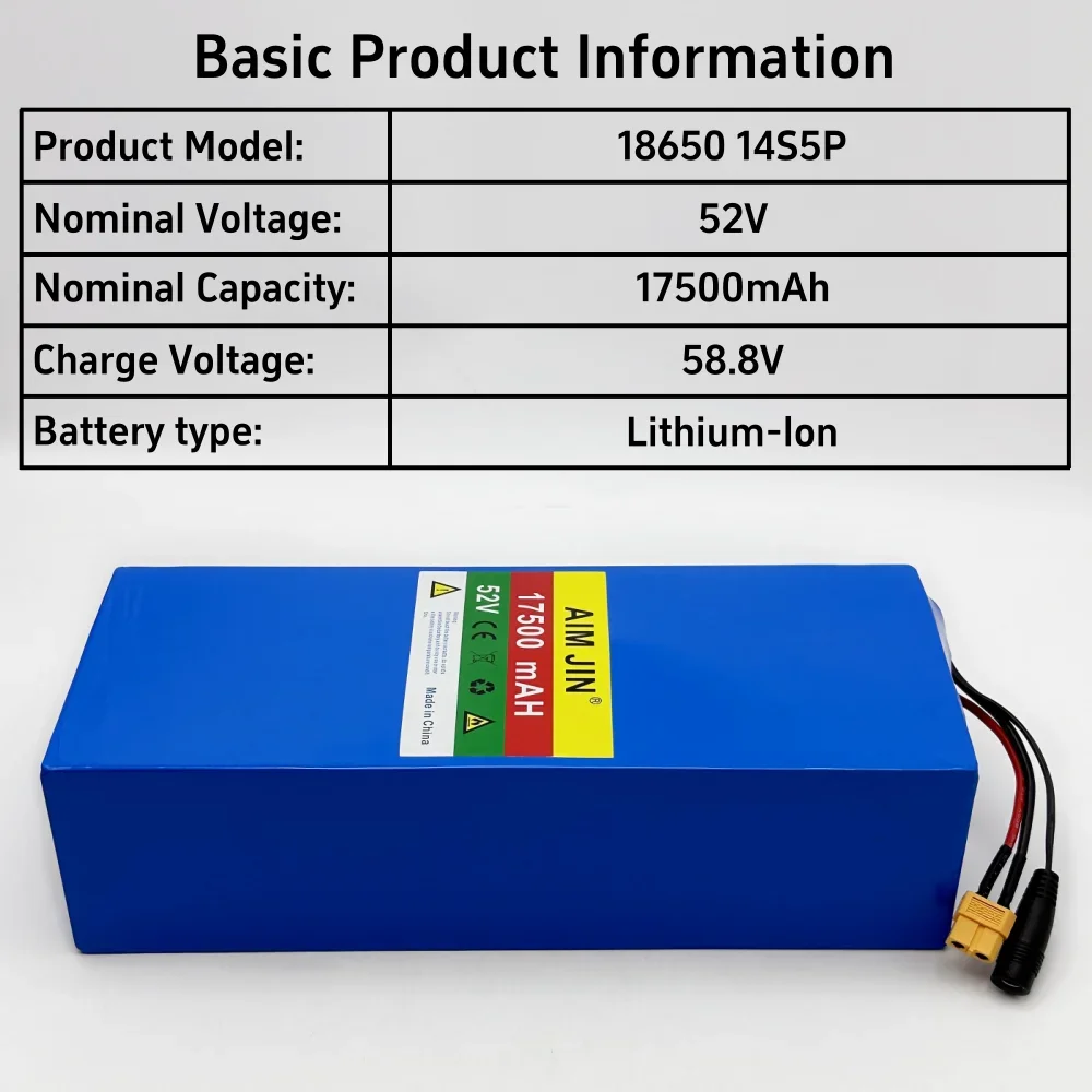 14S5P 52 فولت 17500 مللي أمبير بطارية ليثيوم 18650 قابلة للشحن 17.5Ah 1500 واط عالية الطاقة المدمج في BMS مناسبة للدراجات الكهربائية سكوتر
