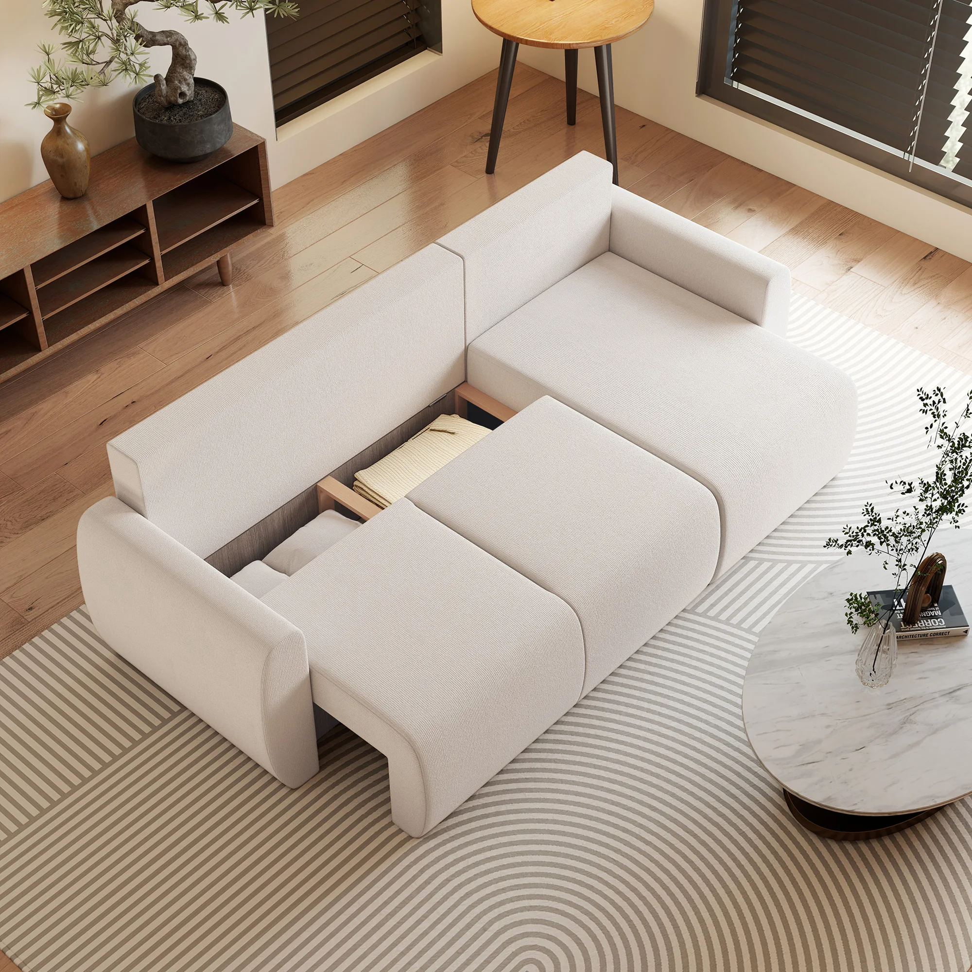 HOMCOM Ecksofa mit Schlaffunktion L-Form 3-Sitzer Sofa mit Umkehrbarer Chaiselongue 2-in-1 Schlafsofa mit Kissen, aus Veloursbezug Schlafcouch für Wohnzimmer, Cremeweiß, Hergestellt in der EU