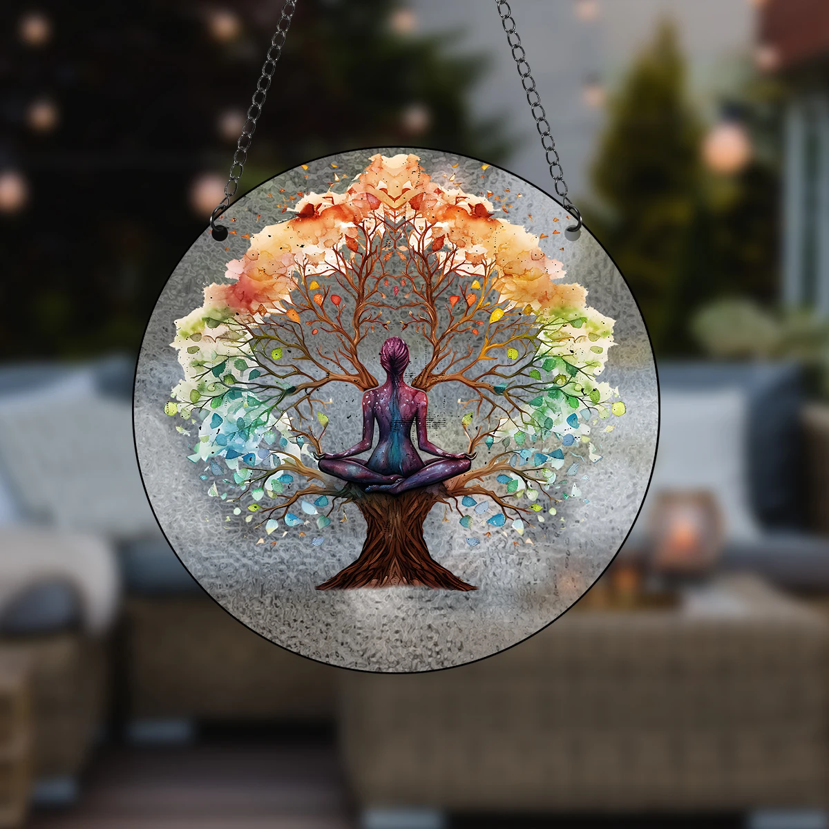 Glass Pattern Yoga Tree of Life Stained Suncatcher Four Seasons Theme Window Wall Hanging Ornament Glass Panel Decor