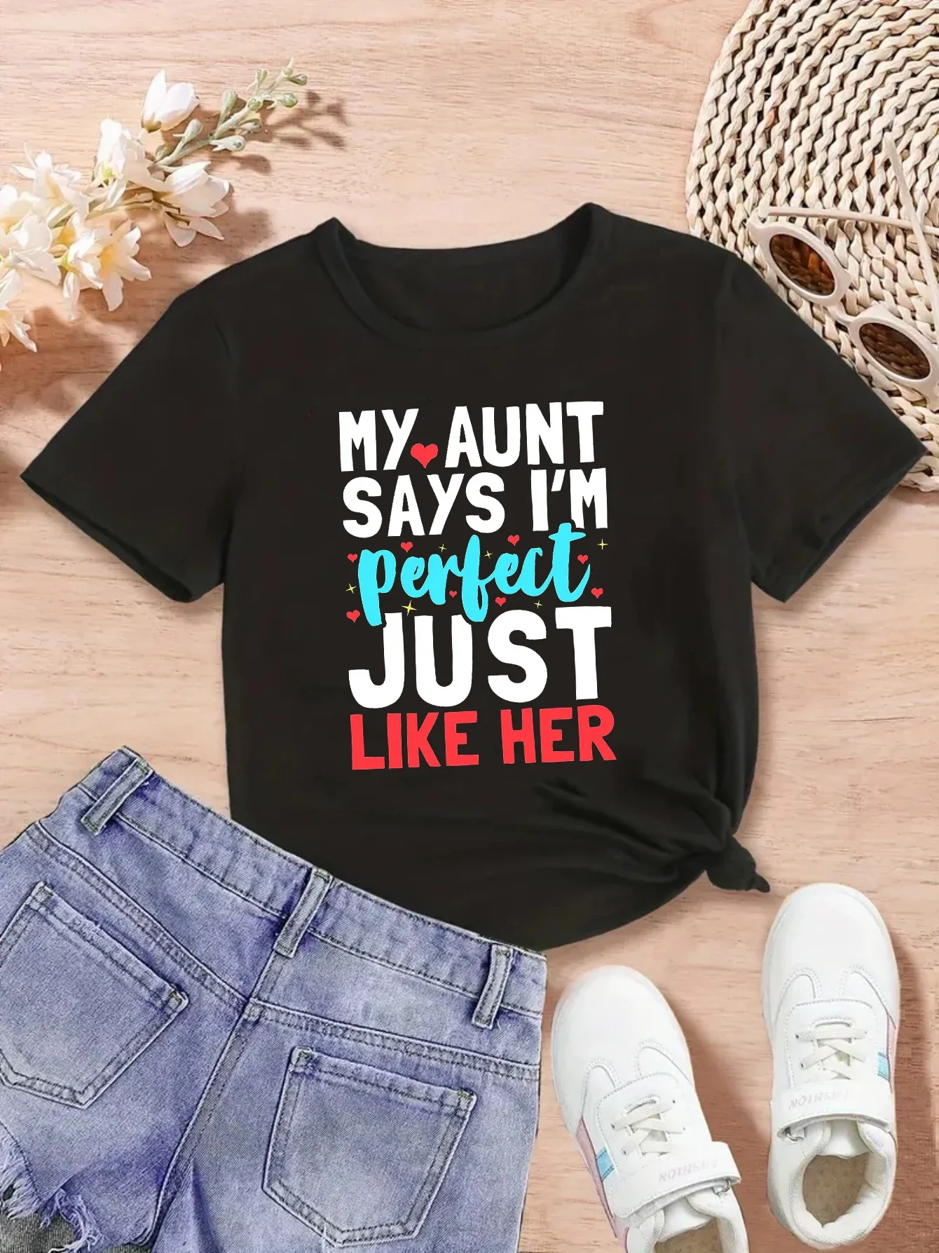 

New My Aunt Says I Am Perfect Just Like Her Letter Printed T Shirt Girls/Boys Summer Short Sleeve Shirt Kawaii Kids Clothes