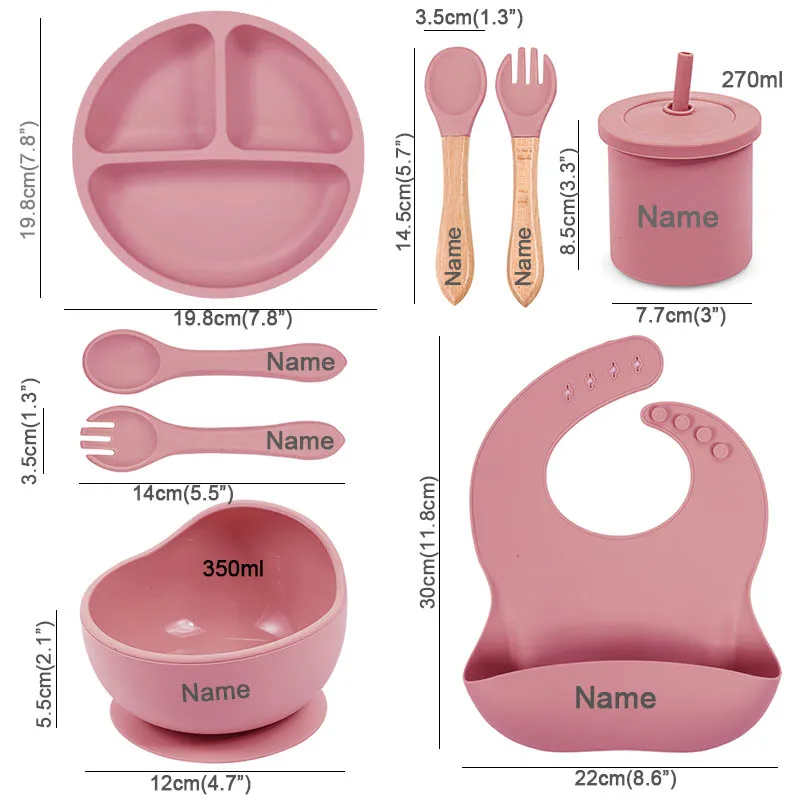 8PCS/Set Baby Silicone Sucker Bowl Plate Cup Bibs Spoon Fork Set Personalized Name Round Dining Plate Kids Feeding Dish BPA Free