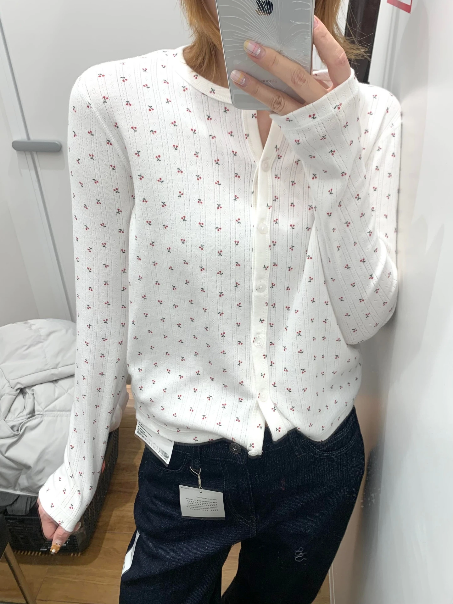 Early Autumn Spicy Girl BM Style Open Cardigan Ribbed Cherry Pattern Floral Slim Fit Shoulder Length Sleeve Women's T-shirt Top